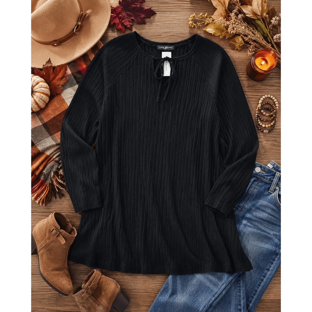Lane Bryant NWT Black Ribbed Knit Top 14/16 Lightweight Sweater Soft Stretch Min